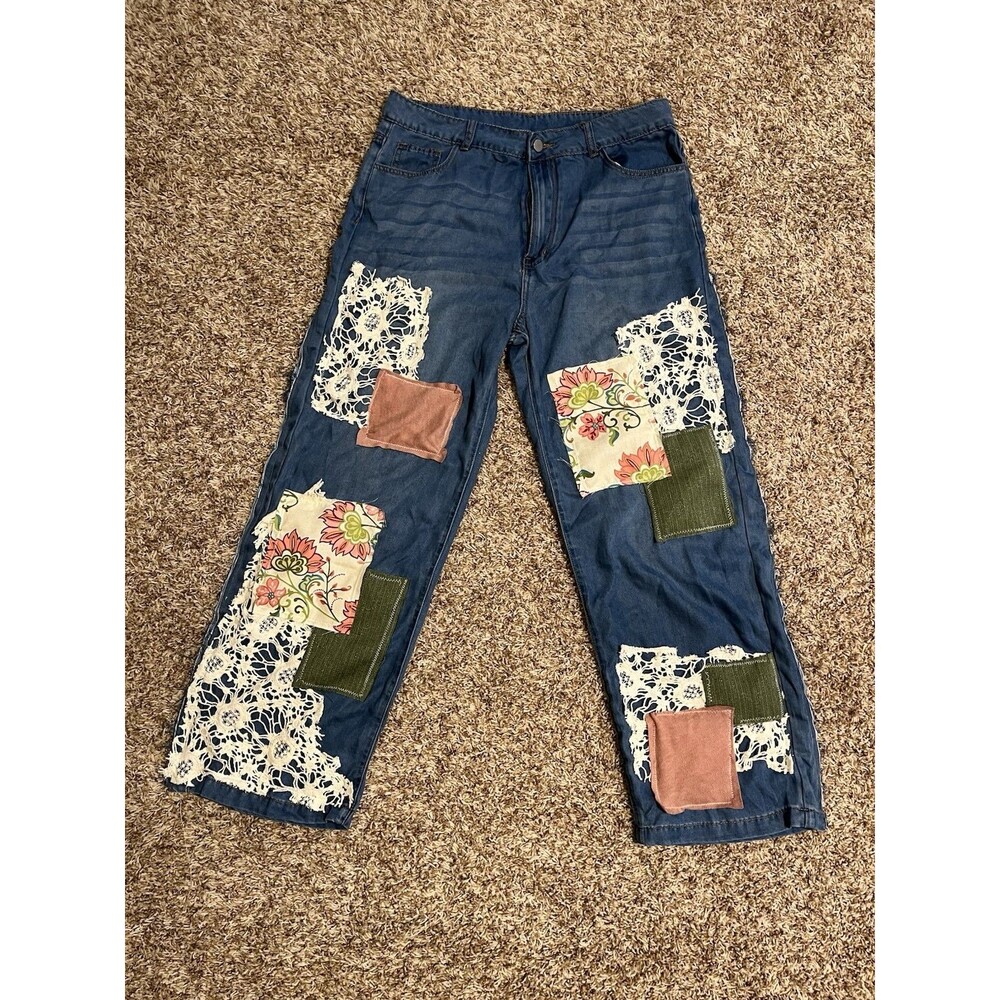 Upcycled Patchwork Lace Jeans Boho Wide Leg Cottagecore Womens XL